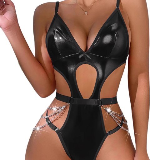Faux Leather Cut-out Sultry Bodysuit z łańcuszkami S/M Czarny