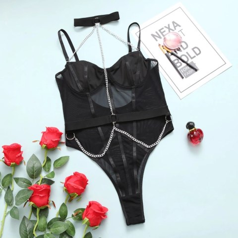 Mesh Bodysuit S/M Black z Ozdobnym Bodychain i Kołnierzem