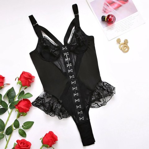 Ruffled Lace Mesh Bodysuit S/M Black - koronkowe body z zapięciem