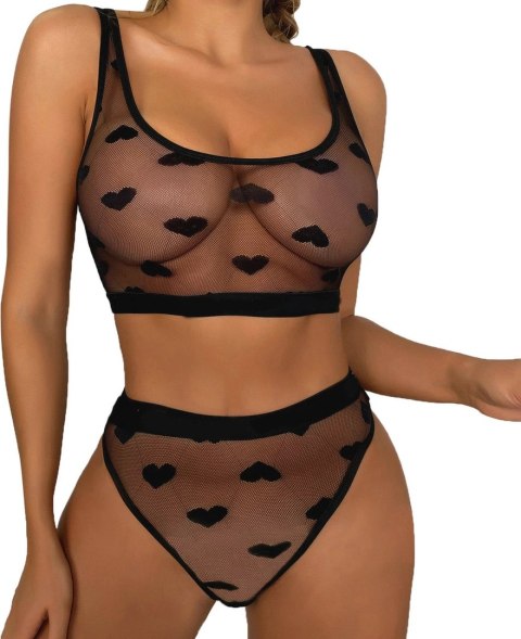 Sheer Lace Heart Komplet Dwuczęściowy L/XL Czarny Elegancki