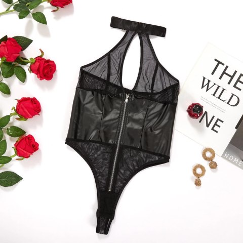 Sheer Mesh Halter Bodysuit S/M Black z zamkiem - elegancki fason