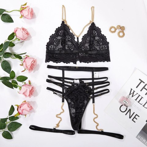 Strappy Lace Cut-out Set z Łańcuszkami S/M Czarny 3-częściowy