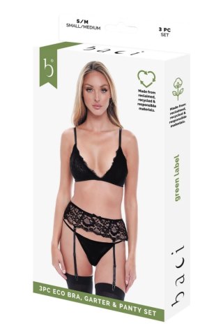 Baci 3 PCS. ECO Bra, Garter and Panty Set Black M/L - ekologiczny komplet