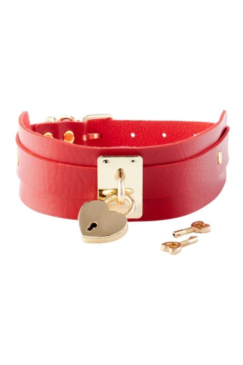 KINKY DIVA Heart Lock & Key Collar czerwono-złoty, regulowany, 43,5 cm