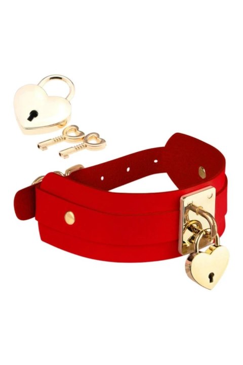KINKY DIVA Heart Lock & Key Collar czerwono-złoty, regulowany, 43,5 cm