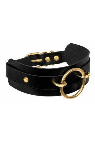 KINKY DIVA O-RING FRONT COLLAR czarny/złoty, regulowany, wegańska skora