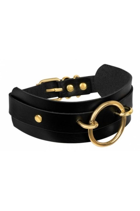 KINKY DIVA O-RING FRONT COLLAR czarny/złoty, regulowany, wegańska skora