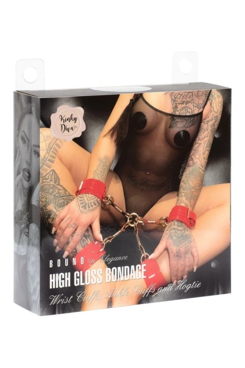 Kinky Diva High Gloss Red - Zestaw Kajdanek i System Hogtie, Vegan Leather
