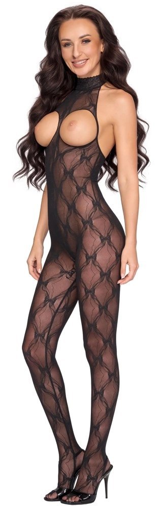 Cottelli Fantasy Catsuit open XL/2XL czarny koronkowy halterneck