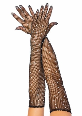 Leg Avenue Rhinestone Fishnet Opera Length Gloves czarne z kryształkami