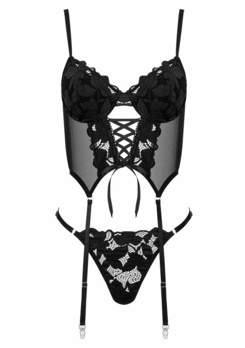 Corset And Thong CO103 czarny koronkowy komplet z paskami do pończoch