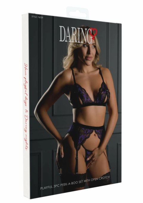 Daring Intimates 3PC Peek-a-Boo Bow Set fioletowy z pasem do pończoch M