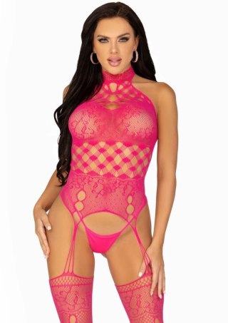 High Neck Halter Bodystocking z koronką i siateczką, czarny, uniwersalny