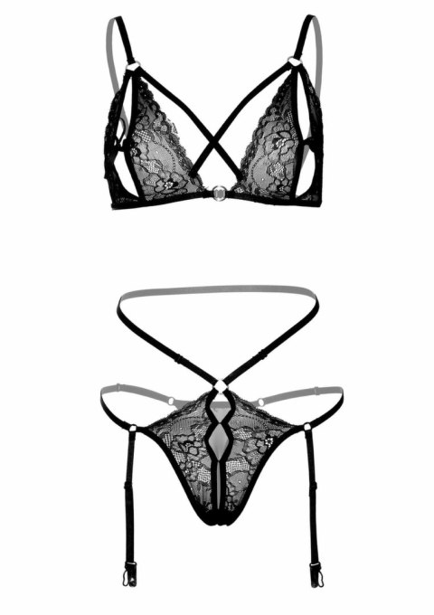 Leg Avenue 2PC Peek-a-Boo Bra and Panty koronkowy komplet z paskami