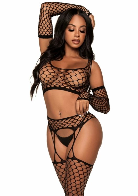 Leg Avenue Net Crop Top z Pończochami i Rękawiczkami, czarny komplet