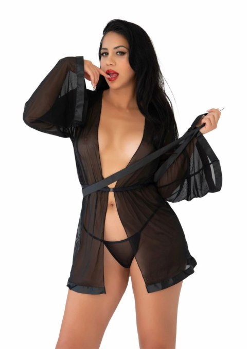 Obsessive Sheer Kimono and String czarne siateczkowe z koronką