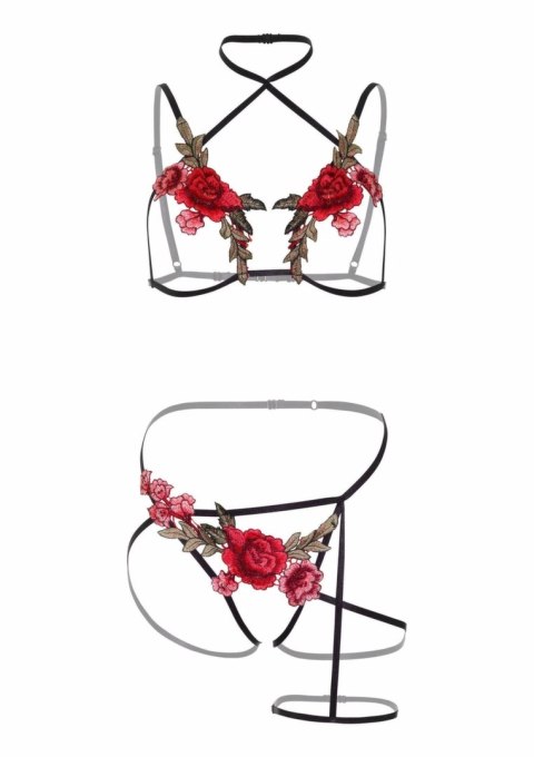 Roses Bra and Crotchless Panty komplet z kwiatowym motywem, regulacja
