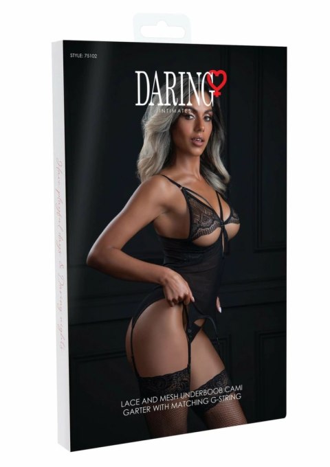Underboob Cami Garter komplet koronkowy z pasem i stringami, czarny