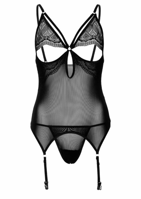 Underboob Cami Garter komplet koronkowy z pasem i stringami, czarny