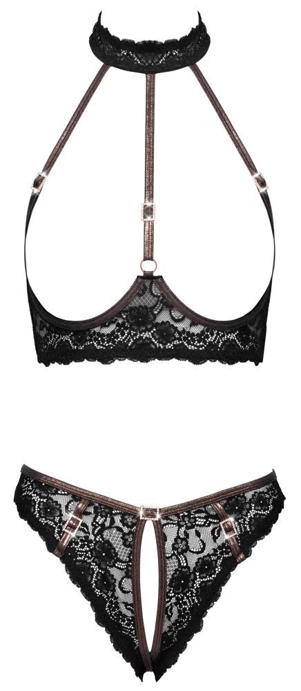 Cottelli LINGERIE Bra Set open M czarny koronkowy z ozdobnymi paskami