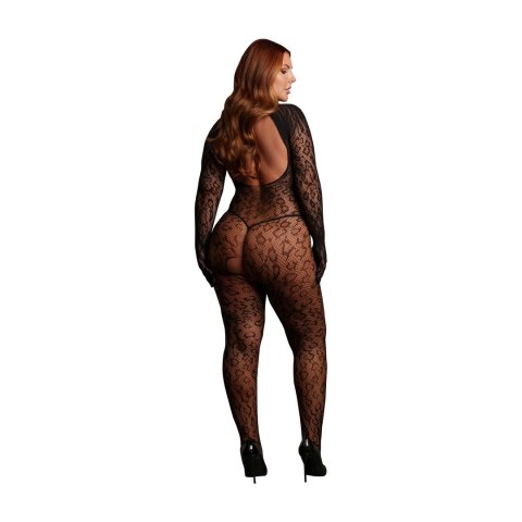Le Desir Roxy Leopard Open Knit Cat Suit Queen Size czarny XXL-5XL
