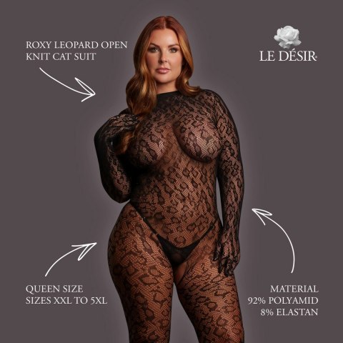 Le Desir Roxy Leopard Open Knit Cat Suit Queen Size czarny XXL-5XL