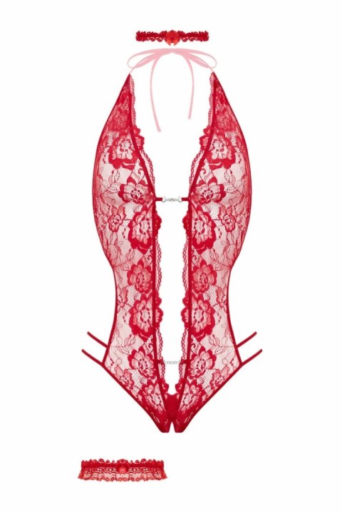 Christine Bodyset Renee czerwony koronkowy komplet z otwartym krokiem