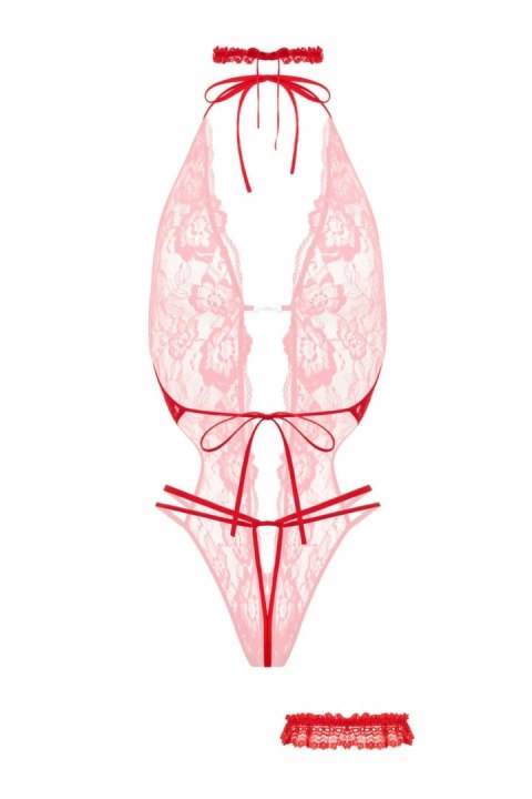 Christine Bodyset Renee czerwony koronkowy komplet z otwartym krokiem