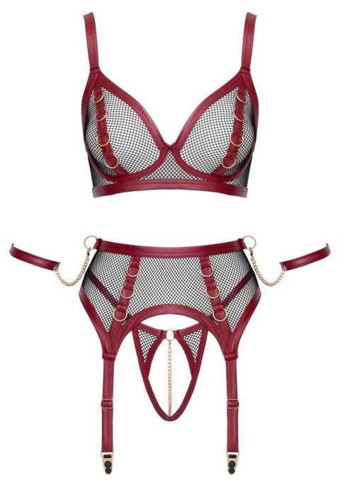 Cottelli BONDAGE Bra Set M - Komplet z siateczki i matowej tkaniny, czarno-czerwony