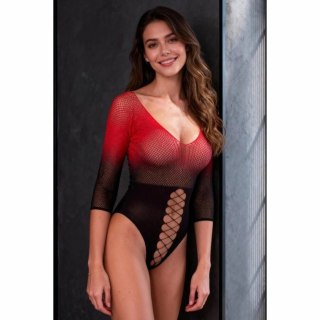 PASSION BS118 bodystocking siateczkowy czarno-czerwony 3/4 rękaw