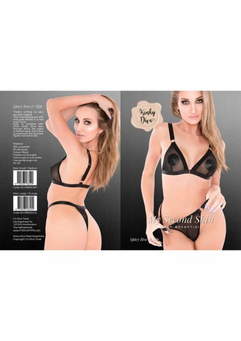 Kinky Diva Spicy Bra Plus Slip komplet z siateczki srebrne detale L/XL