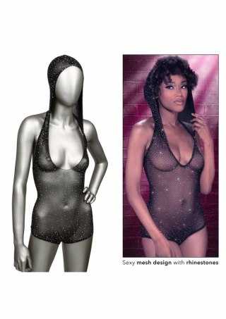 Radiance Hooded Deep V Bodysuit z kapturem, siateczka, uniwersalny rozmiar