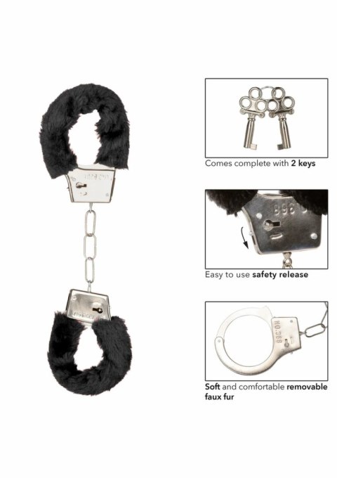 Playful Furry Cuffs kajdanki z futerkiem, regulowane, metalowe, czarne