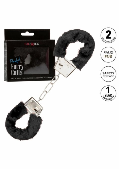 Playful Furry Cuffs kajdanki z futerkiem, regulowane, metalowe, czarne