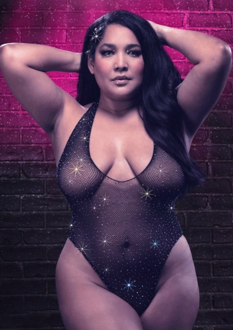 CalExotics Radiance Deep V Bodysuit Plus Size - siateczka, kryształki, 3XL