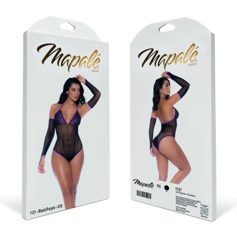 Mapele Fishnet & Lace Body komplet z rękawiczkami czarno-fioletowy uniwersalny