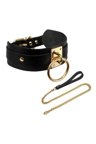 KINKY DIVA O-RING COLLAR + LEASH czarno-złoty, regulowany, wegańska skora